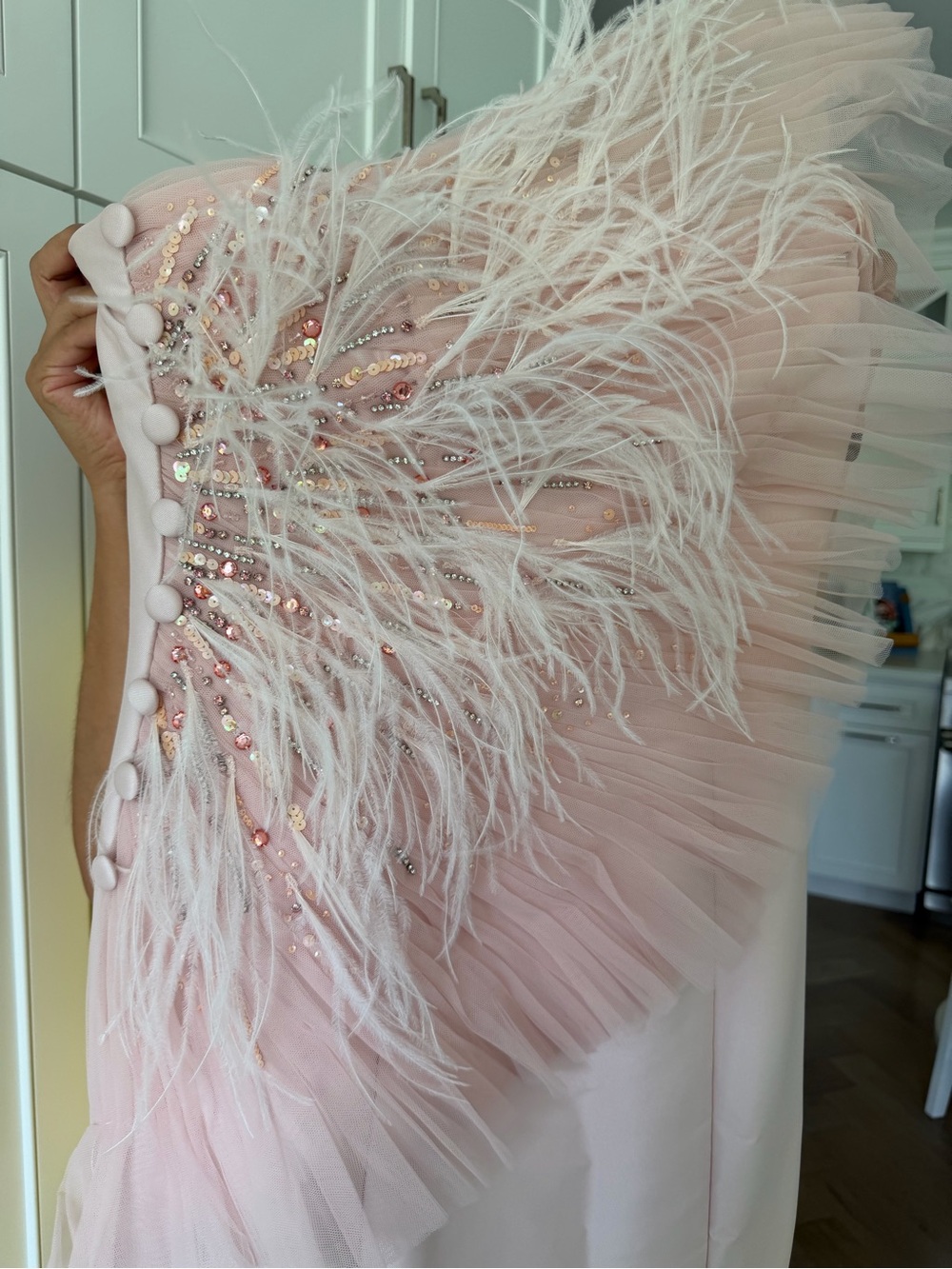 Badgley Mischka Blush Feather-Trim Strapless Maxi Gown - Picture 3 of 8